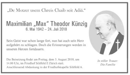 Todesanzeig von Max Künzig, ehemaliger Präsident des Quartiervereins Aussersihl-Hard