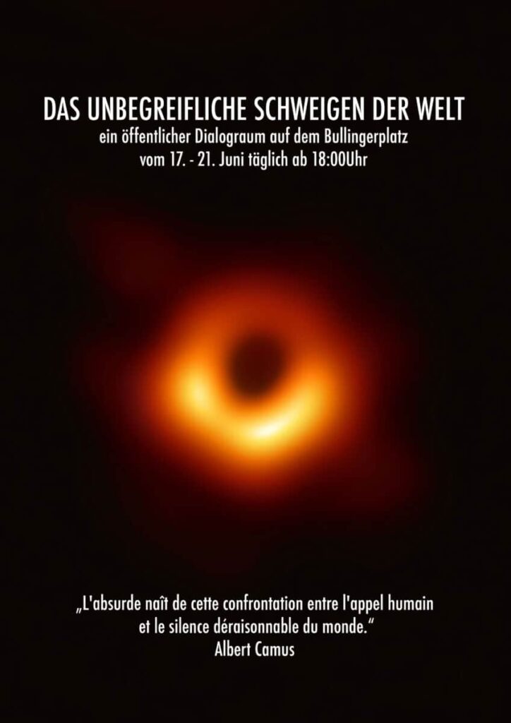 Das unbegreifliche Schweigen der Welt. Das Bild zeigt ein schwarzes Loch mit einer gelb-gold-orangen Korona auf einem Schwarzen Hintergruns